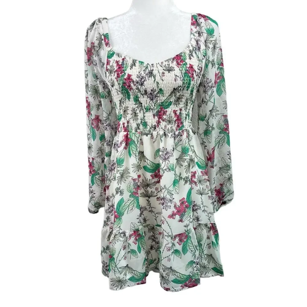 Steve Madden Floral Chiffon Smocked Mini Dress M GardenCore Romantic Whimsigoth